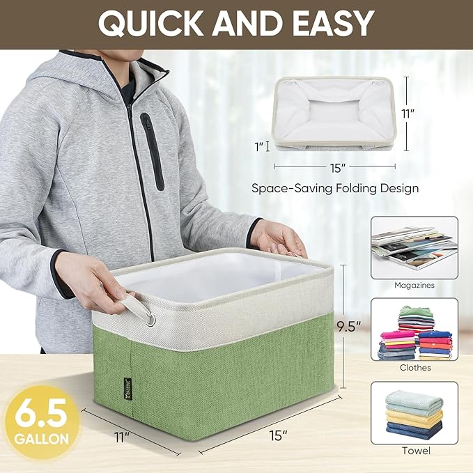 BALEINE 1 Pack Fabric Storage Bins for Shelves, Linen Storage Baskets for Organizing, Decorative Closet Bins for Clothes, Home (Green, 15''x11''x9.5'')