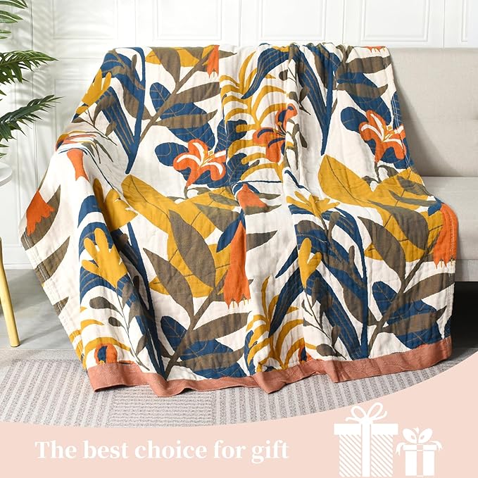 Boho Throw Blanket for Bed - 100% Pure Cotton Ultra Soft Rustic Quilt - Farmhouse Decor Bed Blankets, All Season Rustic Throw for Sofa Couch Chair(80''x 90'', Floral Sea)
