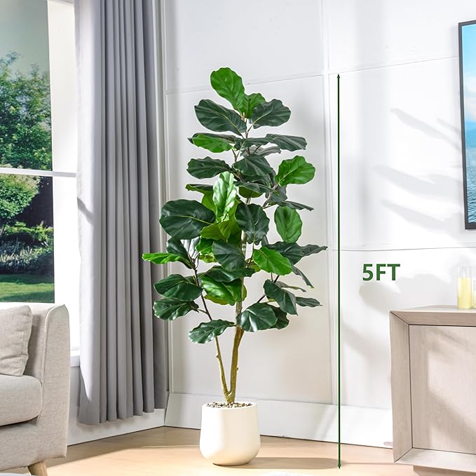 Artificial Fiddle Leaf Fig Tree 5FT, Large Realistic Faux Ficus Lyrata Plant with Pot Large Faux Plant for Indoor Outdoor Home, Office, Living Room, Bathroom Decor