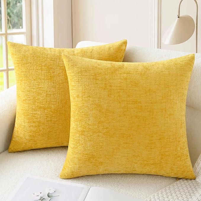 CaliTime Throw Pillow Covers Decorative 20 X 20 Inches Pack of 2 Cozy Chenille Cushion Cases for Couch Sofa Bed Living Room Home Mustard Yellow