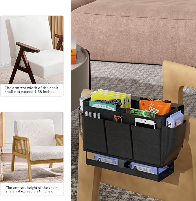 Bedside Caddy, Bed Organizer with 11 Pockets and Power Strip Holder,Versatile Bedside Storage Caddy for Home,Dorm,Bunk,Hospital,Crib Bed (Black)