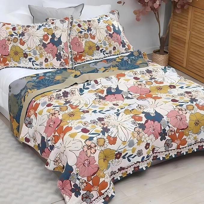 Boho Muslin Blanket for Adults 4-Layer Gauze Twin Size Soft Cozy 100% Cotton Summer Cooling Blanket Floral Decor for Sofa Bed Coverlet Both Sides (Colorful Floral, Twin 60 x 80 in)