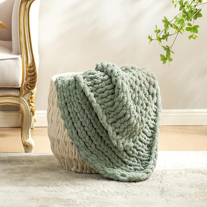 Amélie Home Chunky Knit Throw Blanket for Couch, Soft Chenille Crochet Blanket for Children, 40"x50", Sage Green