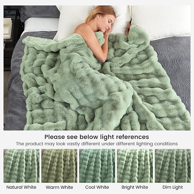 Cozy Bliss Faux Fur Throw Blanket for Couch, Fuzzy Soft Plush Thick Bubble Blanket for Sofa Bedroom Living Room, 50 * 60 Inches Sage Green