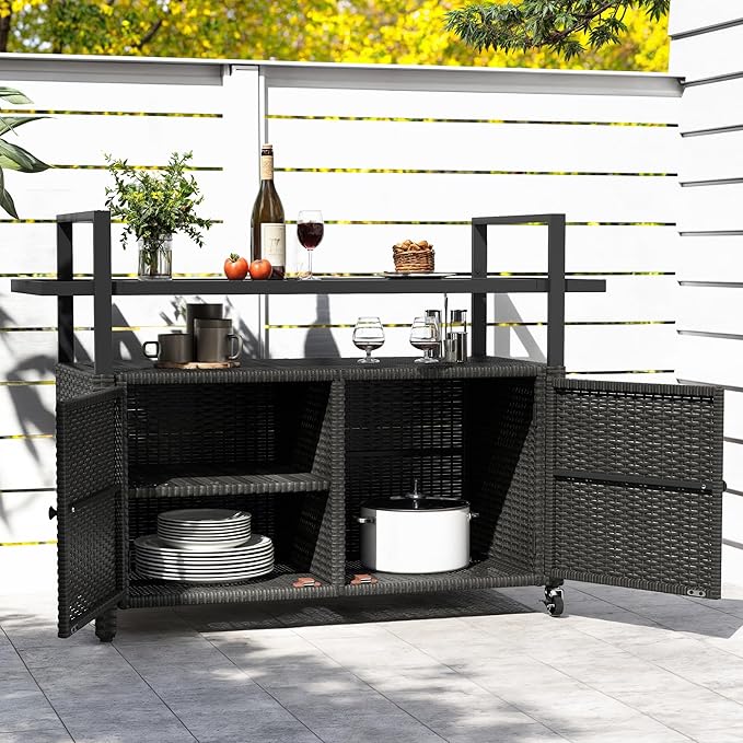 DWVO Patio Bar Table,Outdoor Kitchen Island with Glass Top,Rattan Patio Storage Cabinet with Wheels,Bar Cart for Poolside and Backyard,Black