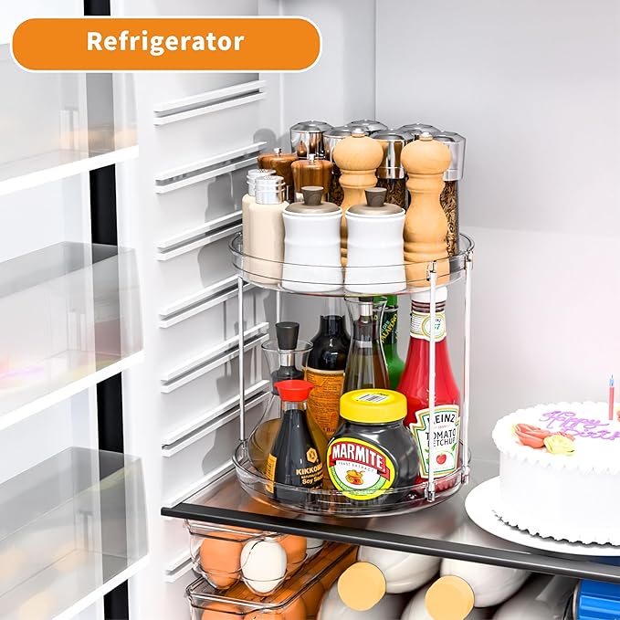 2 Tier Lazy Susan Turntable for Cabinet,Countertop,Pantry,9.5"W Spinning Seasoning Organizer,Double Rotating Kitchen Spice Rack Organizer and Condiments,Medicine,Vitamin Bottle Organizer Carousels,2Pc