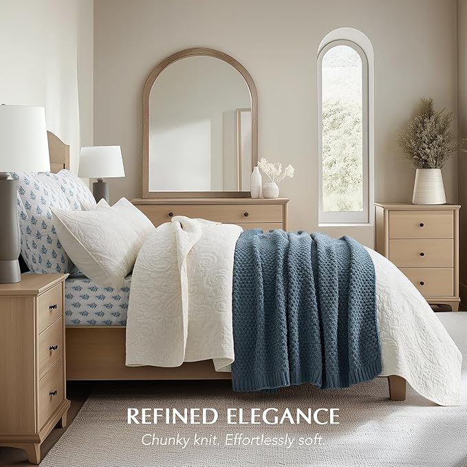 Chunky Chenille Knit Throw Blanket for Couch, Soft Luxurious Moss Stitch Blankets for Bed, Cozy Decorative Farmhouse Knitted Throws for Sofa, Stormy Blue, 60" x 80"