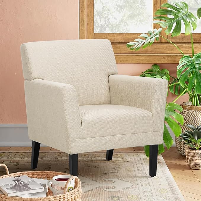COLAMY Modern Accent Chair for Living Room, Upholstered Fabric Accent Armchair with Back, Soft Single Sofa Chair with Arms for Bedroom/Office/Reception Room, Oatmeal