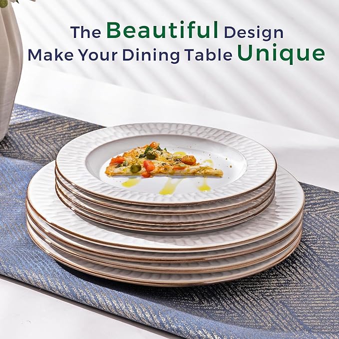 GBHOME Ceramic Dinnerware Sets,12 pcs Embossed Elegant Stoneware Plates and Bowls Sets, Housewarming Wedding Gift | Dishwasher & Microwave Safe | Dishes Set Service for 4