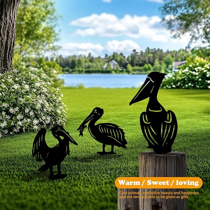 3 Pack Pelican Metal Garden Decorative Stakes, Weather Proof Silhouette Statues for Yard, Patio,Outdoor Decor for Pelican Lovers and Pet Owners