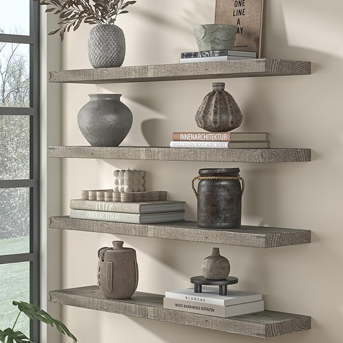 Fun Memories Floating Shelves for Wall Decor, 24"x8" Rustic Reclaimed Wood Shelves, Heavy-Duty Wall Mounted Shelves with Invisible Brackets, Set of 2for Living Room, Bedroom, Kitchen, Grey Finish
