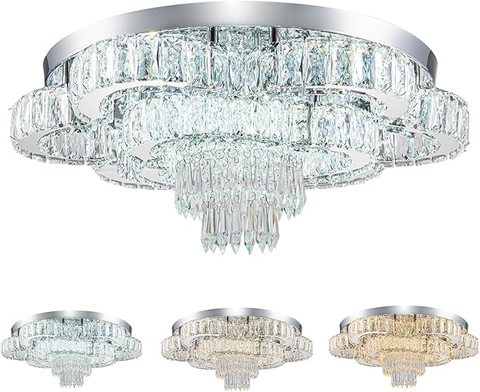 21 Inch Crystal Chandeliers with Remote Control LED Chandelier Modern Mount Flush Mount Chandelier Ceiling Light Fixtures for Bedroom Living Room Dining Room(Dimmable)
