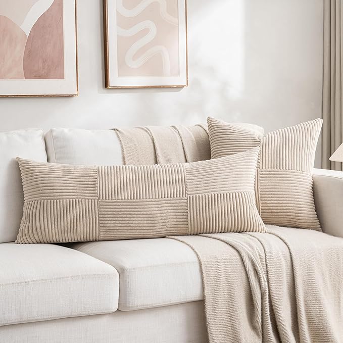 Fancy Homi 2 Packs Tan Decorative Throw Pillow Covers 18x18 Inch for Living Room Couch Bed, Rustic Farmhouse Boho Home Decor, Soft Corss Corduroy Patchwork Textured Square Beige Cushion Case 45x45 cm