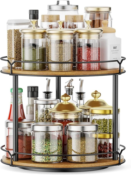 12.4" Lazy Susan Organizer 2 Tier - Rotating Spice Rack, Wooden Spinning Spice Holder for Inside Cabinet, Pantry, Kitchen, Countertop, Bathroom and Vanity, Versatile Storage