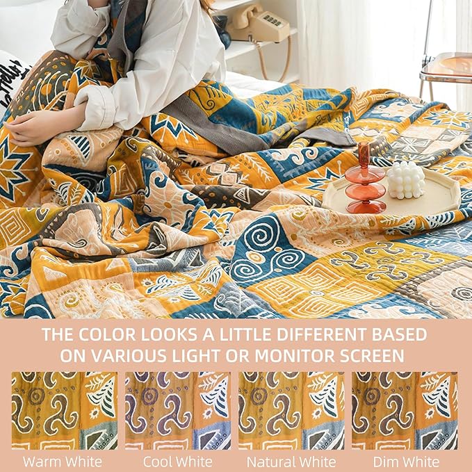 Boho Throw Blanket for Bed - 100% Pure Cotton Ultra Soft Rustic Quilt - Farmhouse Decor Bed Blankets, All Season Rustic Throw for Sofa Couch Chair(91''x 98'', Art Squares)