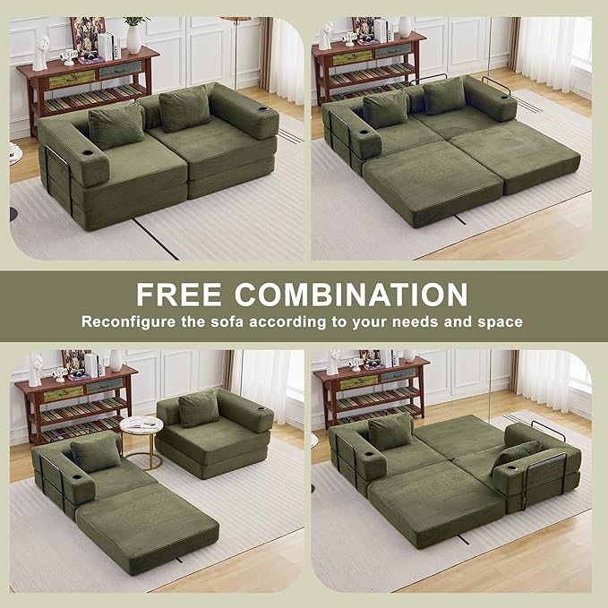 78" W Loveseat Sofa, 4 in 1 Convertible Floor Sofa Bed, Boneless Cloud Couch with Cup Holder, Fold Out Floor Couch, Loveseat Recliner Sleeper for Living Room Bedroom Lounge(Corduroy, White)