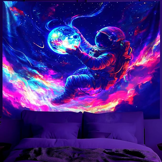 BVBOX Astronaut Space Blacklight Tapestry 79"x59", UV Reactive Floating Astronaut Iridescent Cloud Universe Galaxy Planet Glow in Dark Tapestries, Black Light Neon Upright Poster Wall Hanging Backdrop Decor for Bedroom Living Room