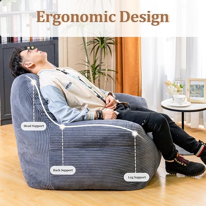 Giant Bean Bag Chair, Faux Fur Bean Bag Chair for Adults, Fluffy and Comfy Bean Bags with Filler, Big Bean Bag Sofa Chair for Reading, Gaming, Stuffed High-Density Foam, Grey