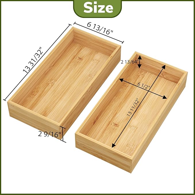 BAMEOS Deep Utensil Drawer Organizer, Bamboo Silverware Organizer for Kitchen Drawer Storage Flatware Junk Cutlery Jewelry 14"x 6.8" Set of 2 (Natural)