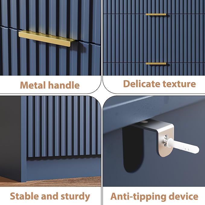 Fluted Dresser for Bedroom, 32 Inch Wide Nightstand with Large Drawer, 3 Drawer End Table for Bedroom, Living Rooms, Offices, and Entryways, Navy Blue