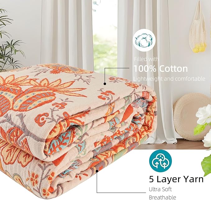 Boho Throw Blanket for Bed - 100% Pure Cotton Ultra Soft Rustic Quilt - Farmhouse Decor Bed Blankets, All Season Rustic Throw for Sofa Couch Chair(80''x 90'', Floral)