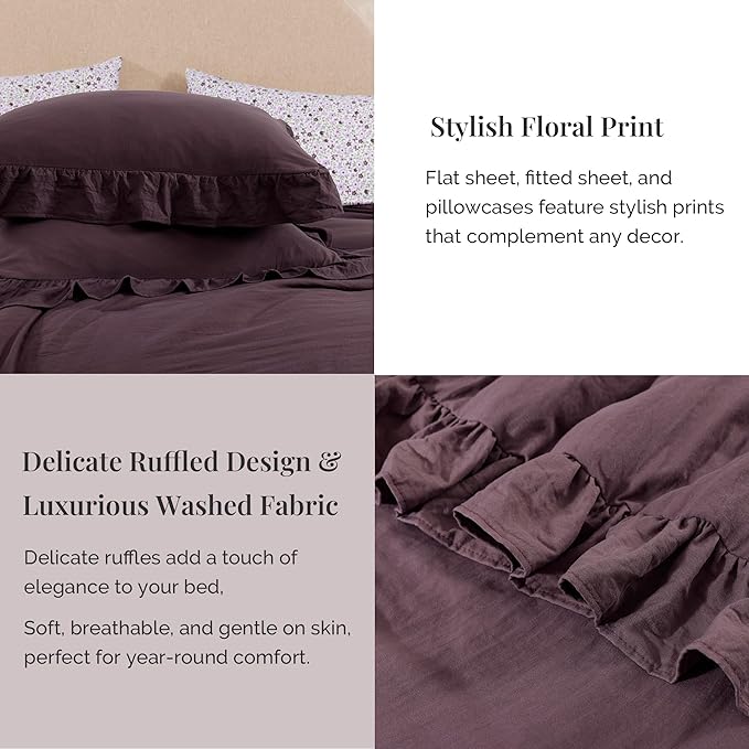 Full Comforter Set - 7 Pieces Ruffle Purple Bedding Sets, Shabby Chic Farmhouse Bed in a Bag Full with Ruffle Comforter, Floral Sheets, Pillowcases & Shams