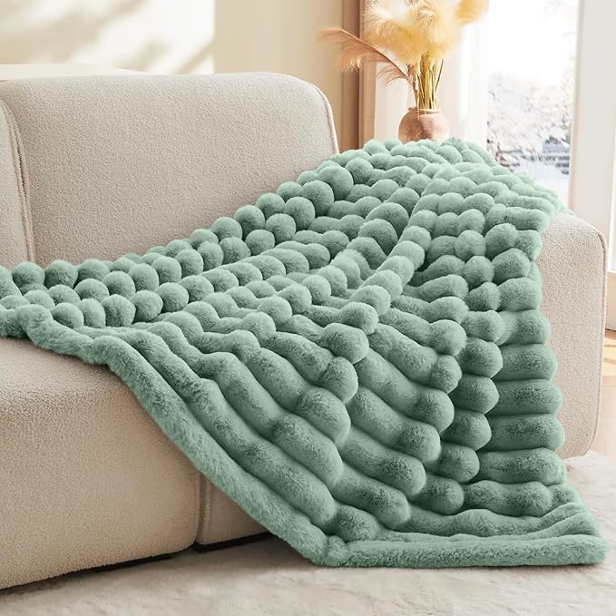 BEDELITE Faux Rabbit Fur Blanket, Luxurious 3D Striped Spring Blanket for Decor & Gift, Soft and Warm Plush Fluffy Faux Fur Throw Blanket All Seasons Suitable, (Sage Green, 50"x 60")