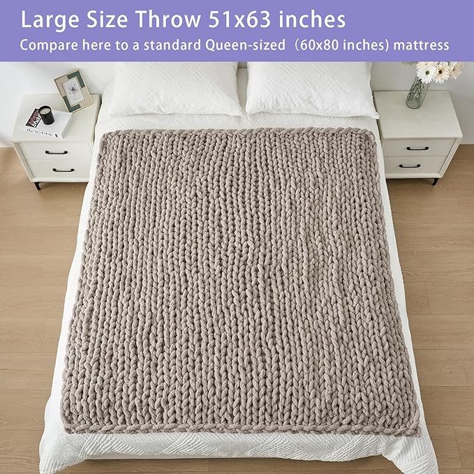 Bigacogo Chunky Knit Throw Blanket for Couch, 51x63 inches, 100% Hand Knitted with Thick Jumbo Chenille Yarn, Cozy Soft Large Rope Knot Cable Crochet Blankets for Sofa Bed Living Room, Taupe