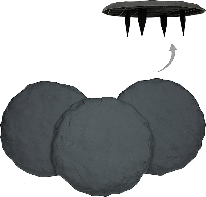 Ei Circular 15.5” Stepping Stones with Ground Stakes - Home or Garden Step Stones for Outdoor Walkway or Pathway Pavers - Resin Material (4, Slate Grey)