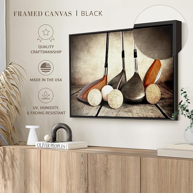 ElephantStock Golf Sets Wall Art - Horizontal Framed Canvas - 1-Piece Mancave Wall Decor - Photography Sports Canvas Print - Yellow and Brown Decor for Wall - 13" X 9"