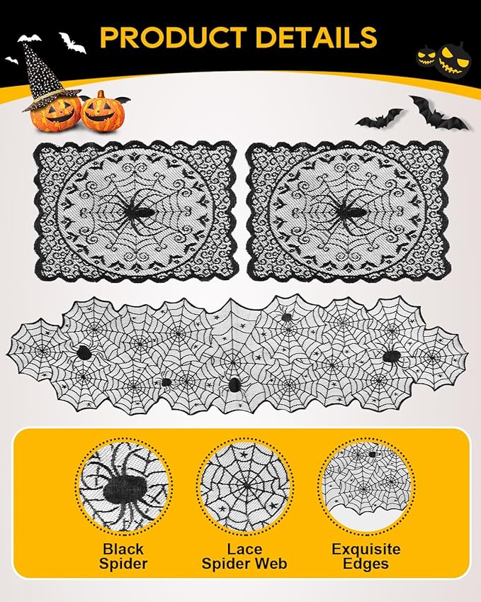 eZAKKA Halloween Table Runner with 4Pcs Placemat, Black Lace Spider Web Table Runners for Parties Gothic Spooky Home Decorations, 18 x 72 Inch