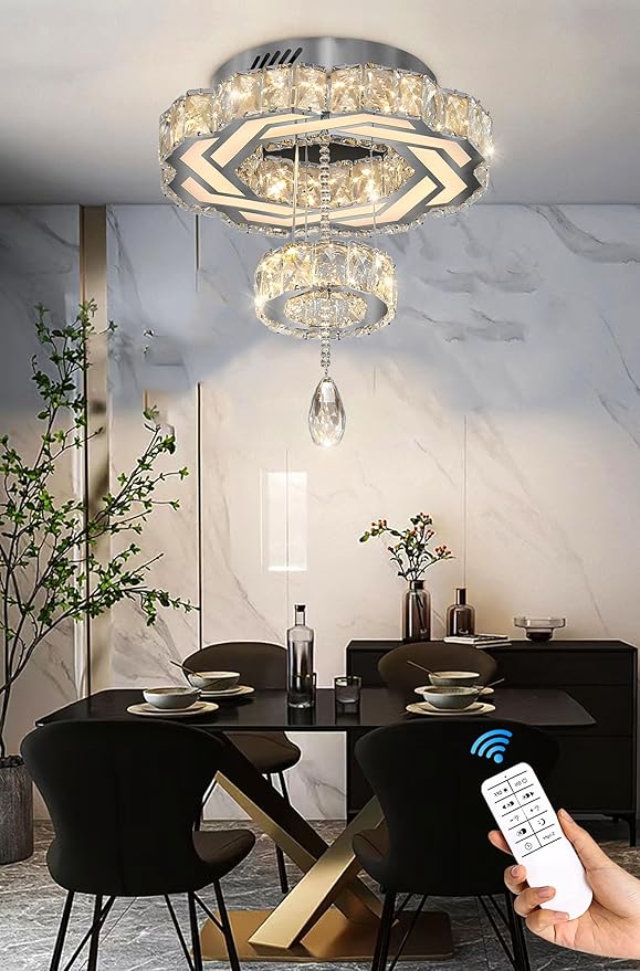 Flashing God Small Crystal Chandeliers Dia 12" Silver Chandelier Flush Mount Ceiling Light for Bedroom Living Room Dining Room Hallway Dimmable 3 Rings LED Celing Lighting Fixtures
