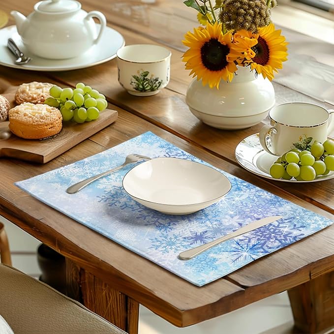 Blue Snowflake Winter Placemats Set of 4 Xmas Snow Place Mat Merry Christmas Linen Fabric Table Mats Washable Heat Resistant Placemat for Farmhouse Kitchen Dining Party Decoration