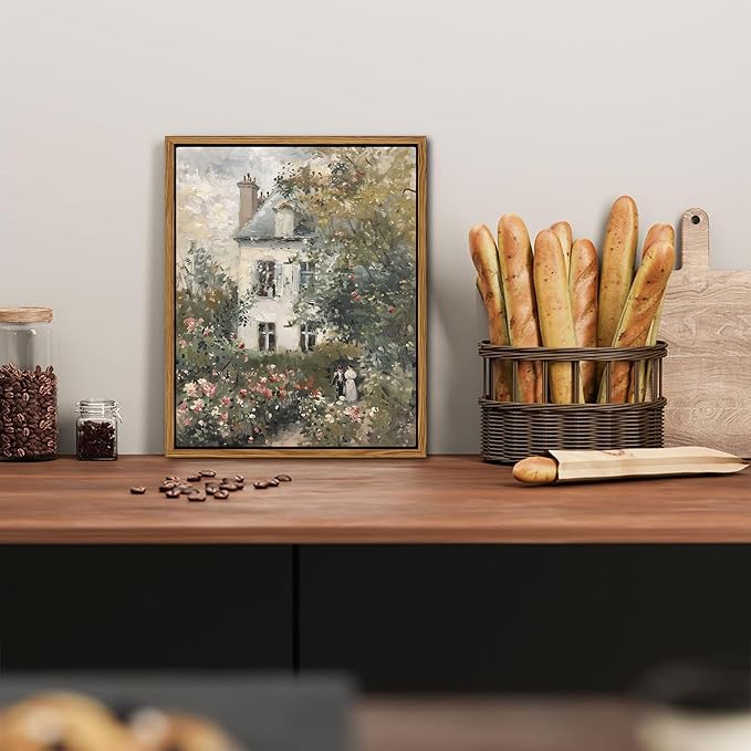 Floating Framed Canvas Vintage Wall Art, Neutral English Cottage Rose Garden Oil Paintings Print, Spring Pictures Wall Decor for Living Room Hallway Bedroom Office Rustic Decor 16x24 inch