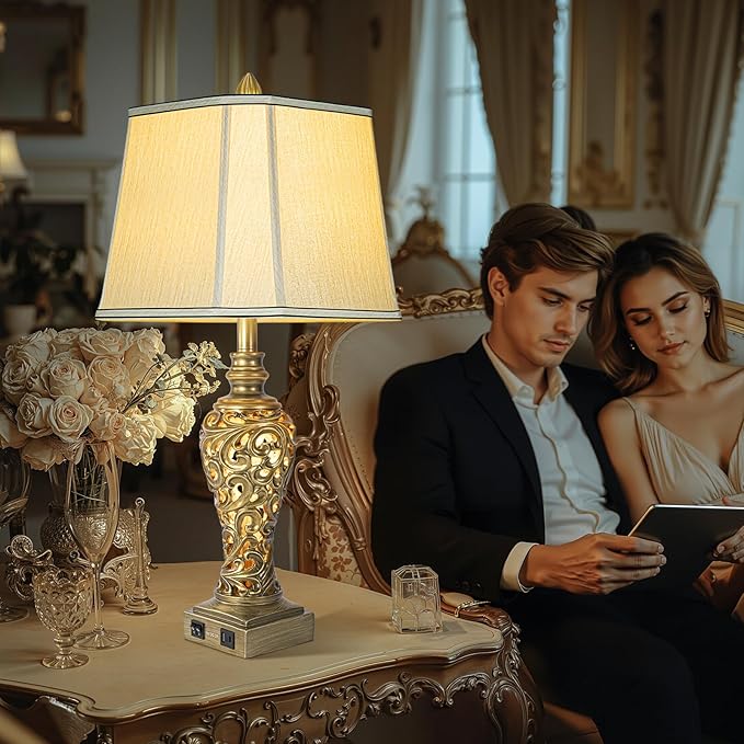 28.5'' Table Lamps Set of 2 for Living Room, Vintage Bedside Lamps with USB A+C Ports & Nightlight, Farmhouse Nightstand Lamps with Faux Silk Shade for Bedroom, Study Room, Office (LED Bulbs Included)