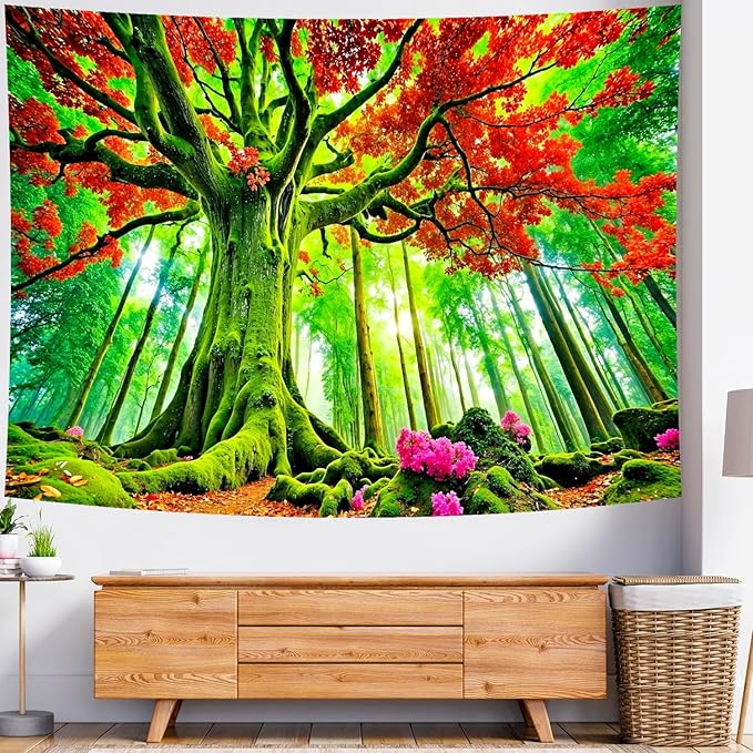 Delur Forest Tapestry Tree of Life Green Landscape Rainforest Wall Hanging Tapestry Colorful Mystical Nature Spiritual Psychedelic Headboard for Bedroom Living Room Home Decor (70.8" x 92.5")