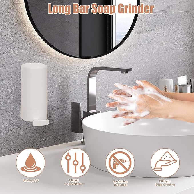 Bar Soap Dispenser & Grinder - Wall-Mounted Hygienic Soap Shaver with One-Touch Operation, No Drilling Easy Install for Bathroom/Kitchen (White, NO SOAP) - Perfect for Handmade Soap & Skincare