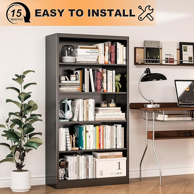 66" Tall Metal Bookcase, 5 Shelf Black Bookcase with Adjustable Shelves, Large Bookshelves and Bookcases, Modern Book Shelf Storage Organizer for Living Room, Home Office, Library (Black)