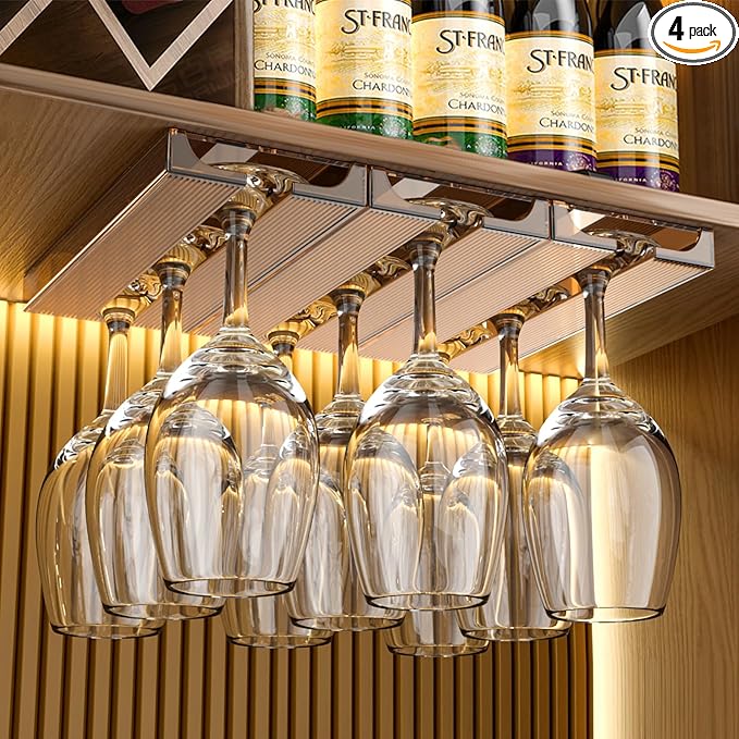 4 Pcs Wine Glass Holder Under Cabinet,Plastic Stemware Rack Punch-free Hanger Under Counter for Bar,Kitchen and Restaurant(Brown)