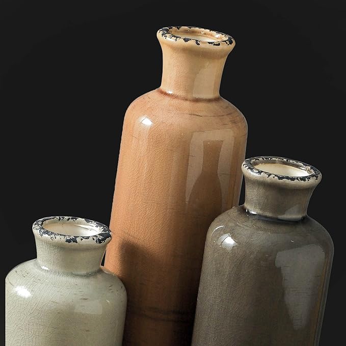 Ceramic Vase Set of 3, Neutral Flower Vases Home Decor, Pottery Rustic Farmhouse Decorative Vases Modern Decor for Table Mantel Entryway Bookshelf Living Room Kitchen Bedroom - Brown