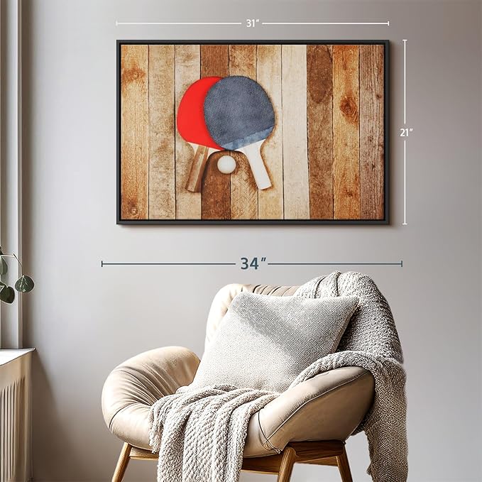 ElephantStock Ping Pong Wall Art - Horizontal Framed Canvas - 1-Piece Living Room Wall Decor - Photography Canvas Print - Brown and Red Decor for Wall - 31" X 21"