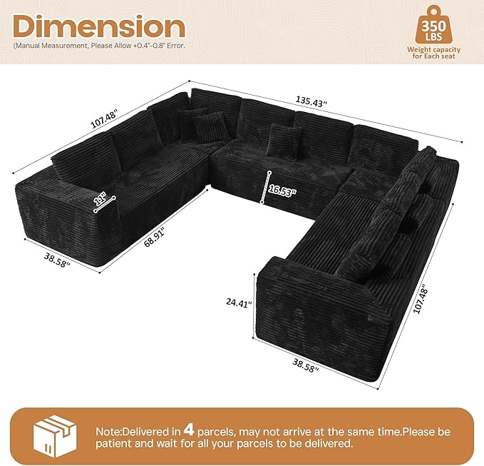 Cloud Sectional Couches for Living Room,U Shaped Modular Sofas No Assembly,135x107 Inches Plush Corduroy Oversized Floor Couch Set with Deep Seat Chaise,Black