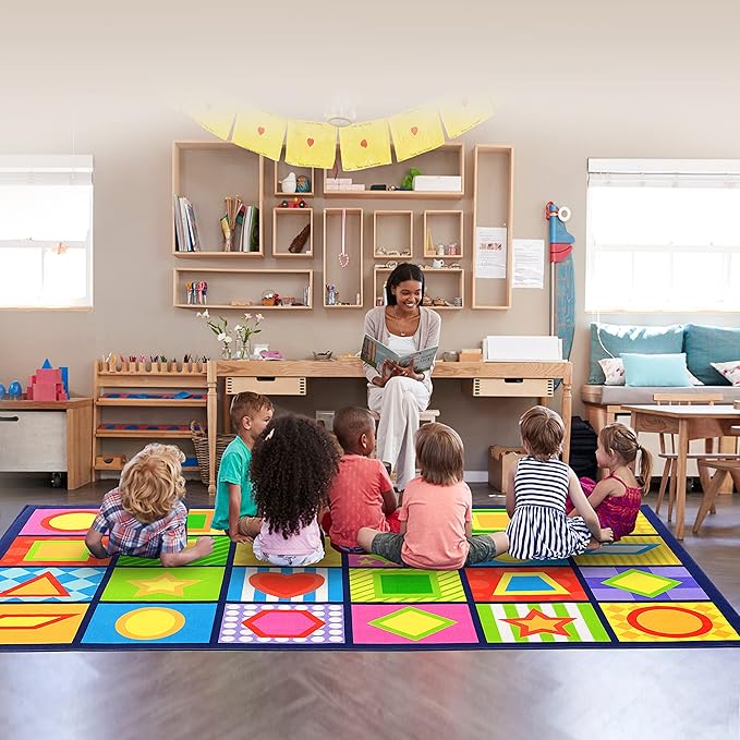 Booooom Jackson Seating Classroom Rug for Kids Room Seating Décor, 7'54''x13'12'' Vibrant Geometric Patterns Large Preschool Carpet Seating Rug for Teaching and Playroom, Non-Slip Rubber Backing