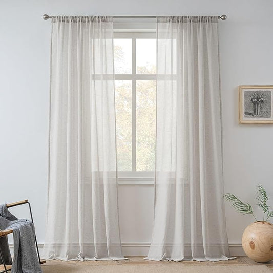 FMFUNCTEX Linen Sheer Curtains for Bedroom, Grey Curtains 84 inches Long for Living Room, Gray Farmhouse French Flax Blend Window Draperies, Rod Pocket 2 Panels Set