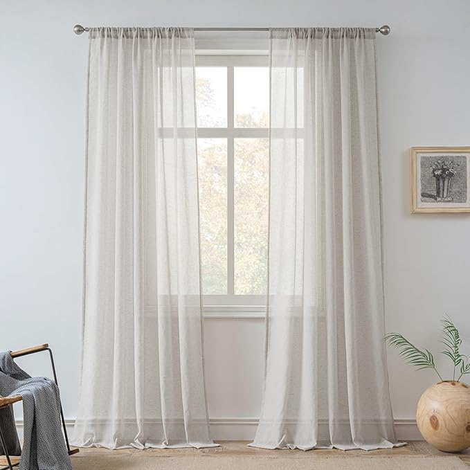 FMFUNCTEX Linen Sheer Curtains for Bedroom, Grey Curtains 96 inches Long for Living Room, Gray Farmhouse French Flax Blend Window Draperies, Rod Pocket 2 Panels Set