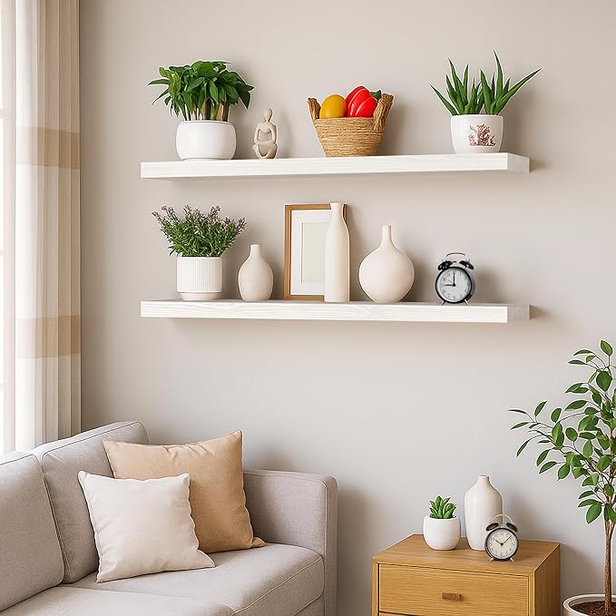 BGMG Wood Floating Shelves for Wall 30 inch Set of 2,White Floating Shelves,Solid Wood Wall Mount Shelves for Bathroom Living Room Bedroom Kitchen Farmhouse -30x 6.7 x1.25 inch