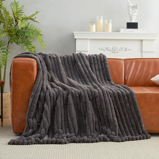 Amélie Home Faux Fur Throw Blanket for Couch, Cozy Fuzzy Fluffy Fur Luxurious Soft Striped Plush Gift Blankets for Family Sofa Chair Bed Living Room Bedroom, 55"x70", Charcoal Grey