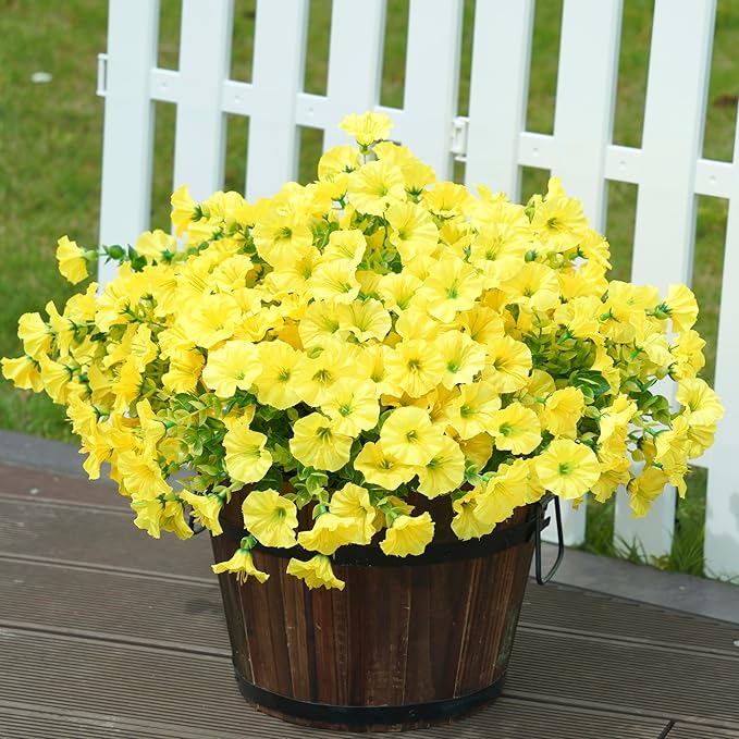 Artificial Mums for Outdoors Fake Fall Flowers Plants for Autumn Decoration, 12 Bundles Silk Morning Glory with Eucalyptus Look Real UV Resistant Yellow Faux Mums for Outside Planters Front Door Yard