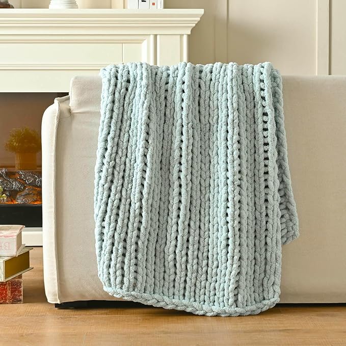 Esterra Chunky Knit Blanket Throw 50"x60", 100% Hand Knitted Chenille Throw Blanket, Cozy Soft Thick Cable Knit Throw Large Rope Knot Crochet Throw Blanket for Sofa Couch Bed, Sky Blue