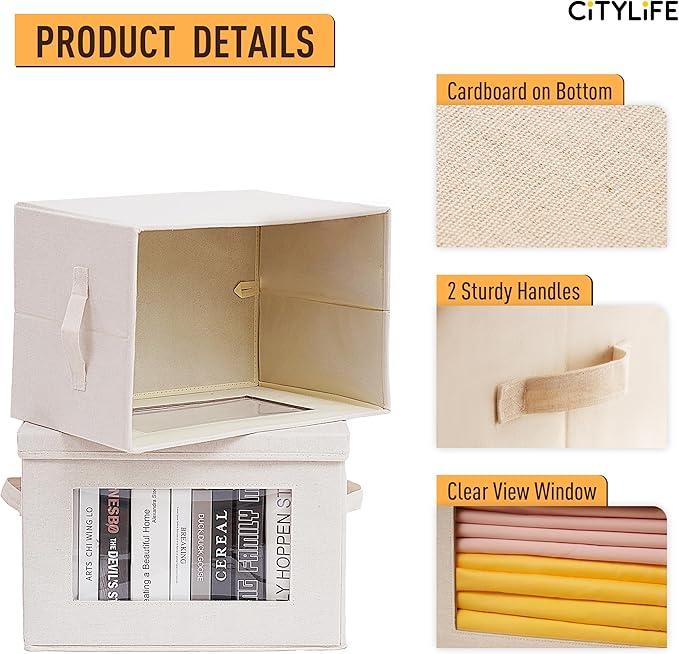 Citylife 4-Pack Storage Bins with Lids, Fabric Foldable Storage Bins with Soft Cord Handles, Cube Closet Storage Baskets with Lids, Organizers for Organizing Clothes and Books, Beige